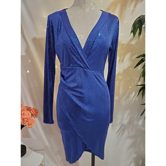 Symphony Vtg Y2K Mirror Sequin Sparkle Tulip Hem Faux Wrap Dress Size M Blue - Picture 1 of 10